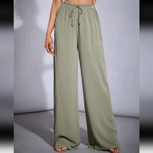 NWOT Shein High Waist Drawstring Solid Color Long Wide Leg Pants, L Tall, Green
